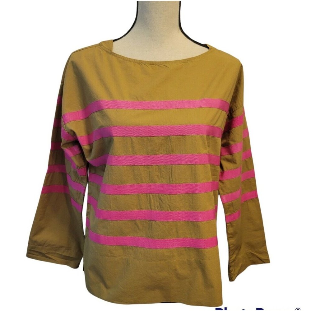 J Crew Womens Pomplin Top Shirt With Pink Ribbon Stripes 3/4 Sleeve Size Small